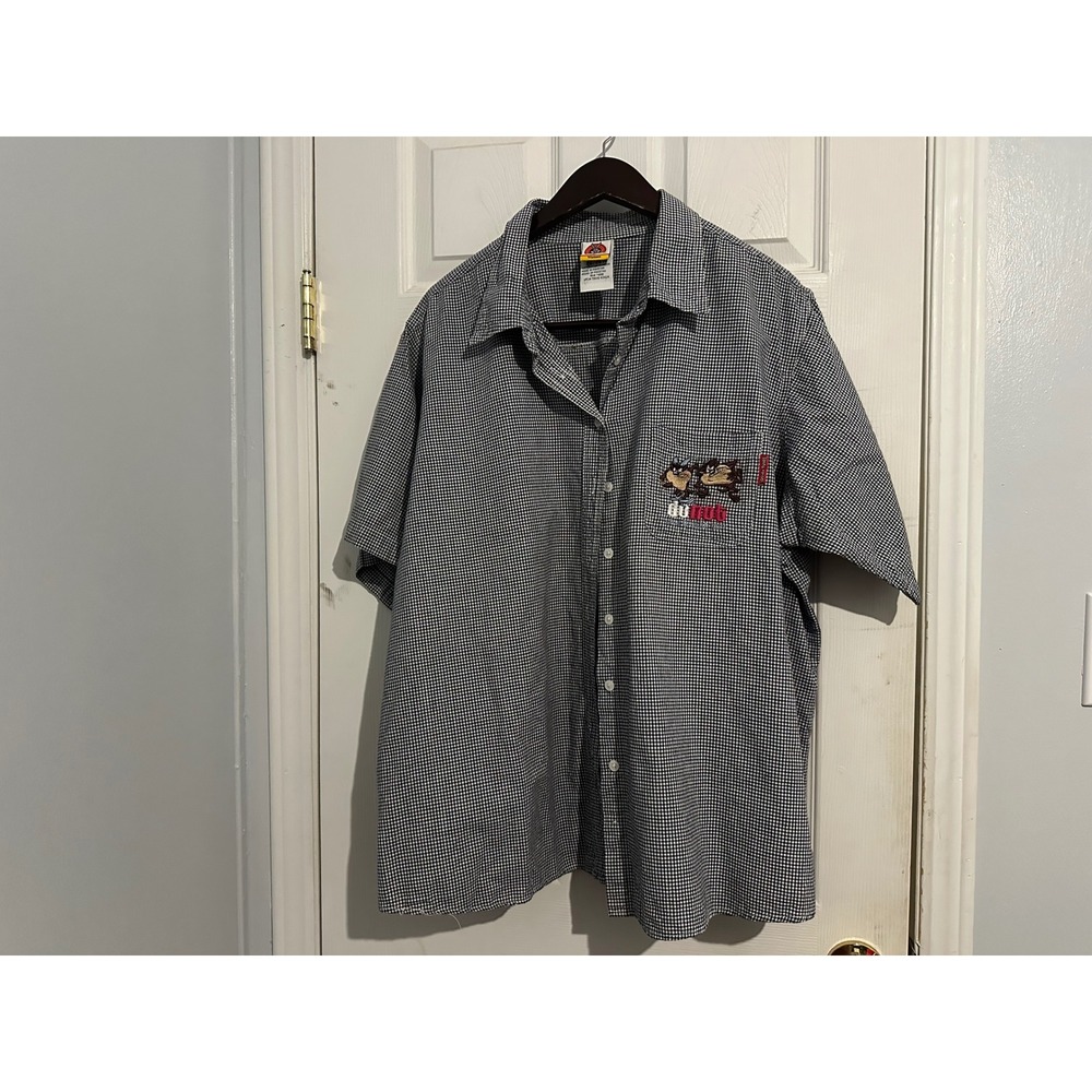 Looney Tunes Taz Gingham Button Down Shirt Womens 26/28W Navy White Cotton
